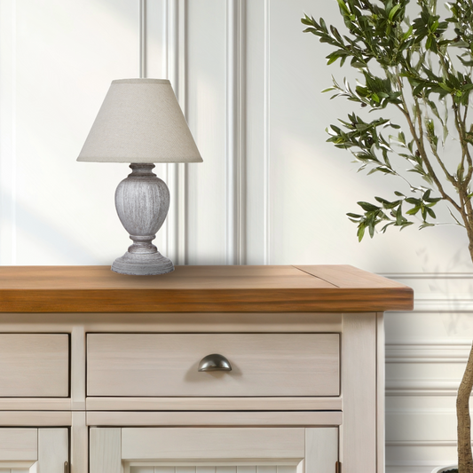 Small Wooden Urn Table Lamp with Linen Shade